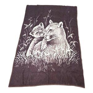 Vintage Tiger Cougar & Cub Throw Blanket Reversible  54" X 78" Black & White REA